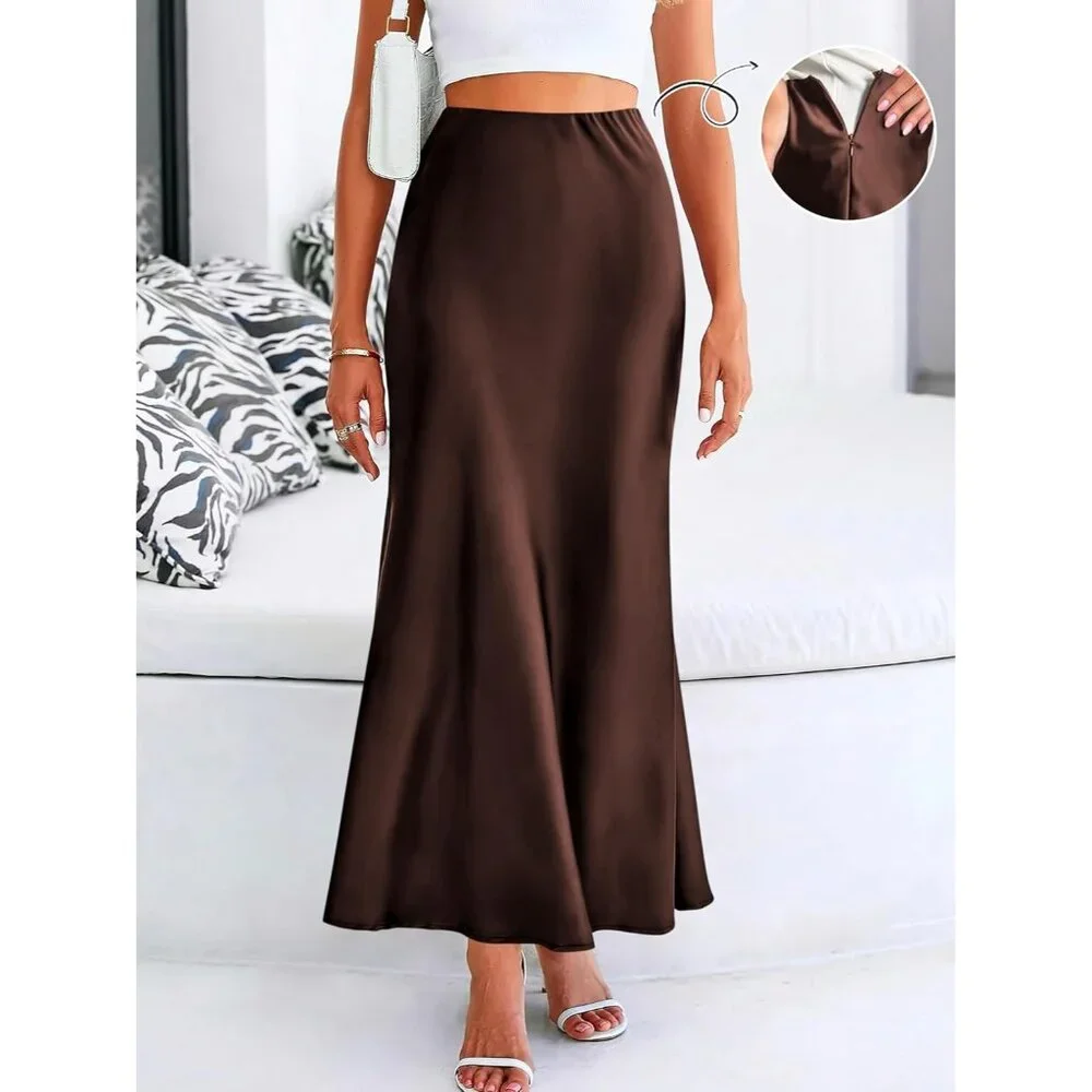 Women Deep Brown Maxi Dressy Casual Zipped High Waisted Silk Elegant Long Skirt - Picture 2 of 7